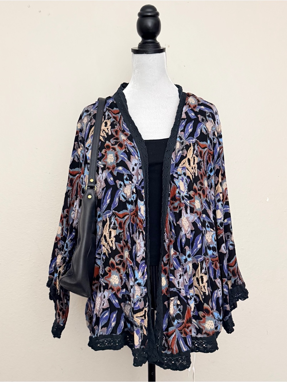 Free People black burnout floral kimono featuring lace trim